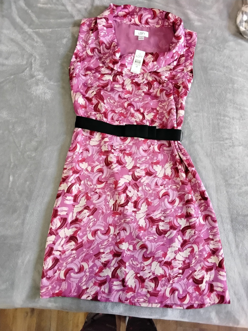 LOFT Pink Swirl Print Sleeveless Dress with Black Belt